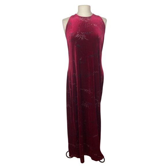 Vintage Ronni Nicole Burgundy Velvet Maxi Dress 14 Silver Glitter Keyhole Back - Picture 1 of 11